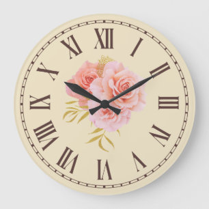 Vintage Pink Rose Blossom Golden Twig Floral  Large Clock