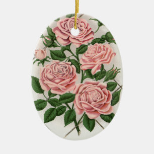 Vintage Pink Rose Botanical Cottagecore Art Ceramic Tree Decoration