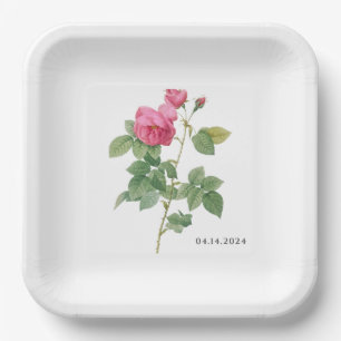Vintage Pink Rose Botanical Floral Paper Plate