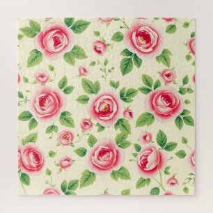 Vintage Pink Rose Bouquet Pastel Floral Chintz Jigsaw Puzzle