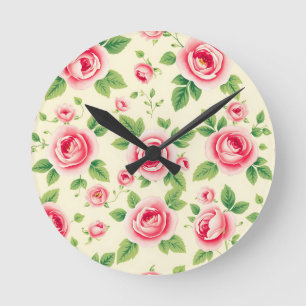 Vintage Pink Rose Bouquet Pastel Floral Chintz Round Clock