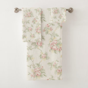 Vintage Pink Rose Cottagecore Floral Pattern Bath Towel Set