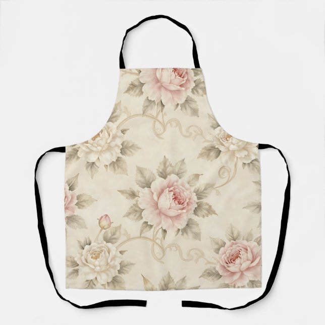Vintage Pink Rose Damask Floral Pattern Apron (Front)