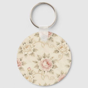Vintage Pink Rose Damask Floral Pattern Key Ring