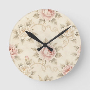 Vintage Pink Rose Damask Floral Pattern Round Clock