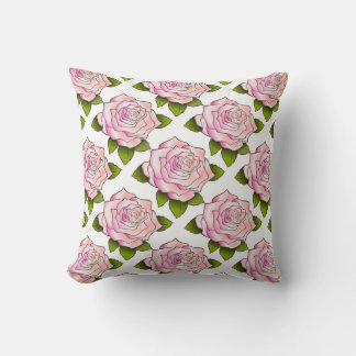 Vintage Pink Rose Drawing Pattern Throw Pillow