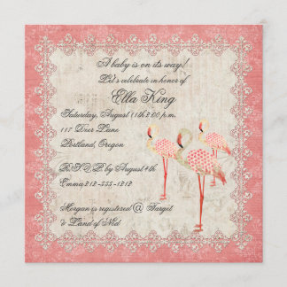Vintage Pink Rose Flamingos Baby Invitation