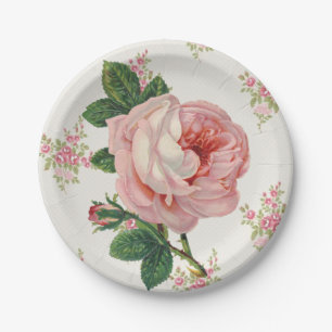 Vintage Pink Rose Floral Paper Plate