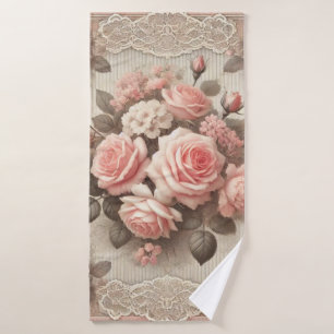 Vintage Pink Rose Floral with Lace Border Bath Towel Set
