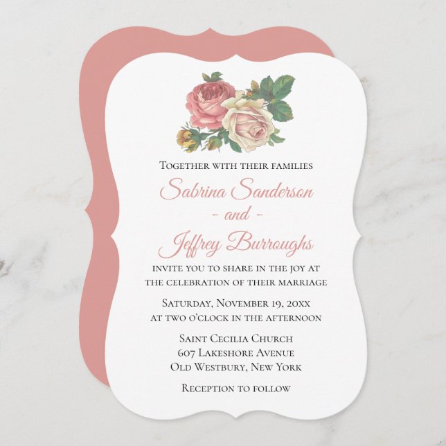 Vintage Pink Rose Flower Floral Wedding Invitation (Front/Back)