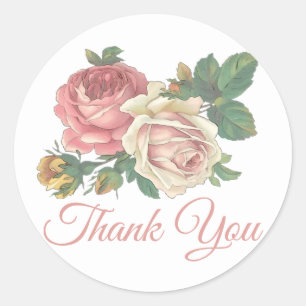 Vintage Pink Rose Flower Thank You Wedding Classic Round Sticker