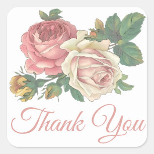Vintage Pink Rose Flower Thank You Wedding Square Sticker