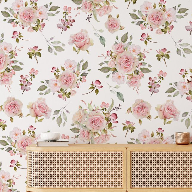 Vintage Pink Rose Flowers Floral Pattern Wallpaper (In situ)