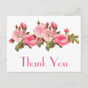 Vintage Pink Rose Flowers Thank You Floral Postcard