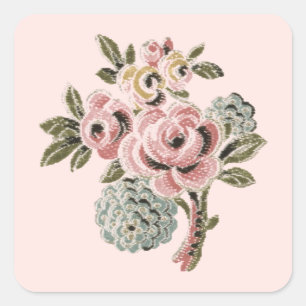 Vintage Pink Rose Folk Art Botanical Floral Bouque Square Sticker