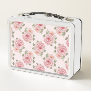 Vintage pink rose garden cottage floral pattern metal lunch box