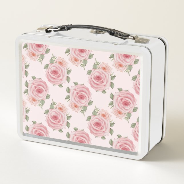 Vintage pink rose garden cottage floral pattern metal lunch box (Back)
