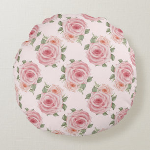 Vintage pink rose garden cottage floral pattern round cushion