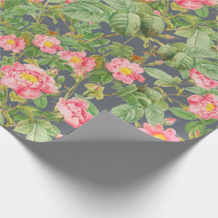 Vintage Pink Rose Gift Paper in Charcoal Grey