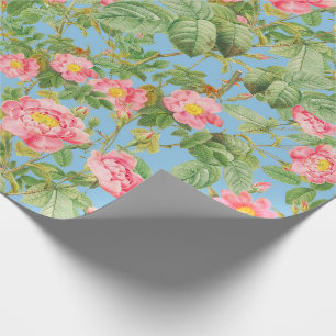Vintage Pink Rose Gift Paper in Sky Blue