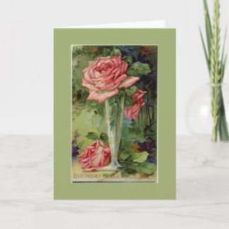 Vintage Pink Rose Green Birthday Greeting Card