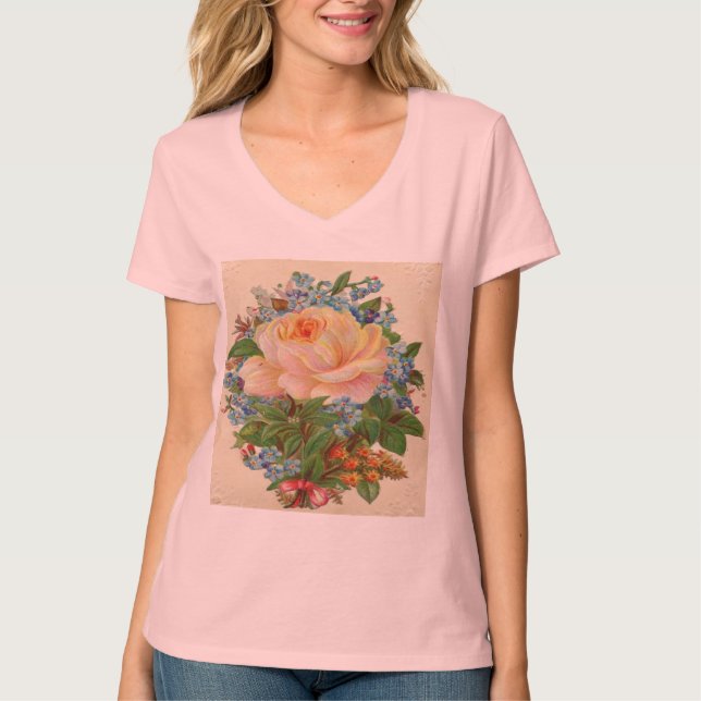 Vintage Pink Rose, Happy Birthday Mother T-Shirt (Front)