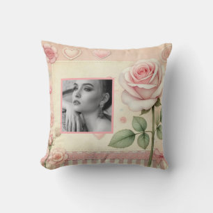 Vintage pink rose hearts floral photo watercolor cushion