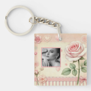 Vintage pink rose hearts floral photo watercolor key ring