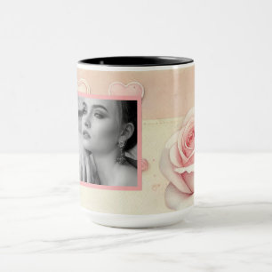 Vintage pink rose hearts floral photo watercolor mug