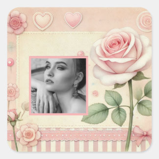Vintage pink rose hearts floral photo watercolor  square sticker