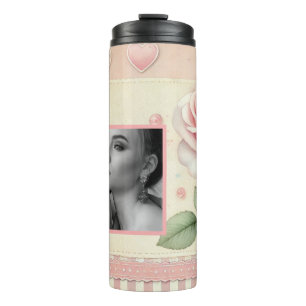 Vintage pink rose hearts floral photo watercolor thermal tumbler