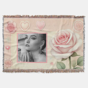 Vintage pink rose hearts floral photo watercolor throw blanket