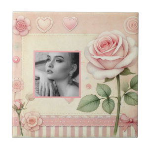 Vintage pink rose hearts floral photo watercolor  tile