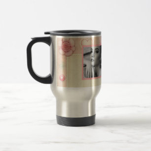 Vintage pink rose hearts floral photo watercolor travel mug
