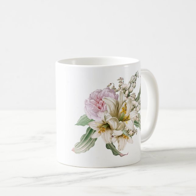Vintage Pink Rose Lily Bouquet Name Coffee Mug (Front Right)