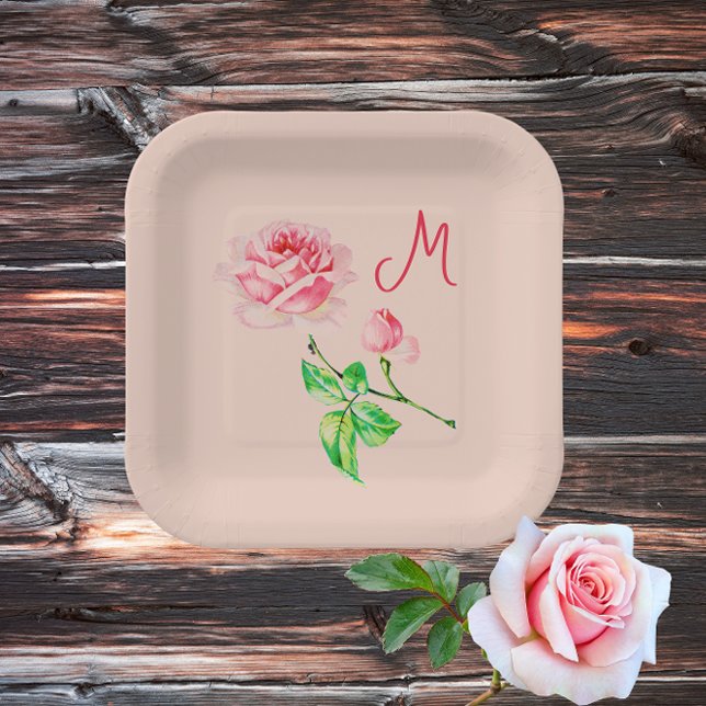  Vintage Pink Rose -monogrammed  Paper Plate (Creator Uploaded)