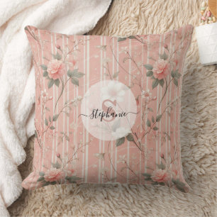 Vintage Pink Rose on Striped Pink Background Cushion