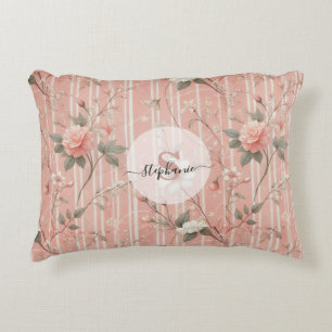 Vintage Pink Rose on Striped Pink Background Decorative Cushion