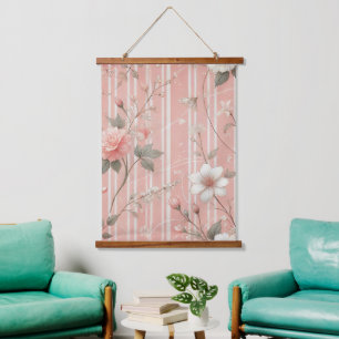 Vintage Pink Rose on Striped Pink Background Hanging Tapestry