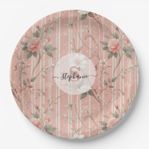 Vintage Pink Rose on Striped Pink Background Paper Plate
