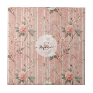 Vintage Pink Rose on Striped Pink Background Tile