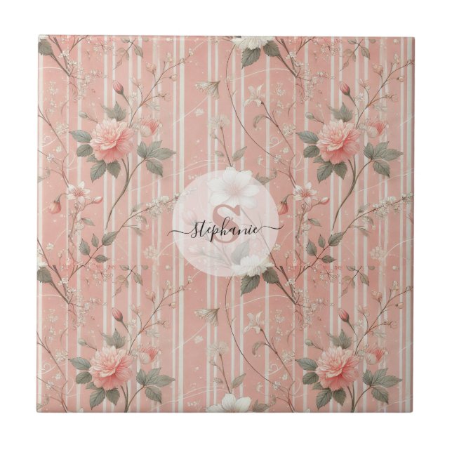Vintage Pink Rose on Striped Pink Background Tile (Front)