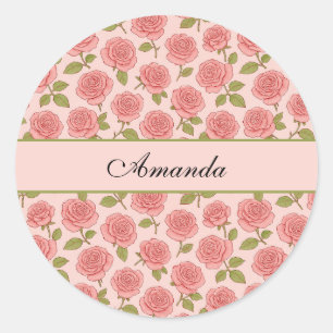 Vintage Pink Rose Pattern with Name Classic Round Sticker