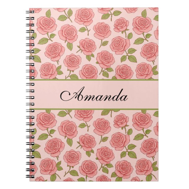 Vintage Pink Rose Pattern with Name Notebook (Front)
