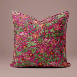 Vintage Pink Rose Pillow in Bold Fuchsia