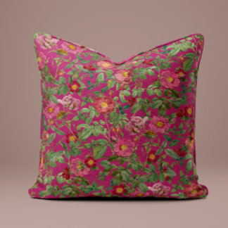 Vintage Pink Rose Pillow in Bold Fuchsia