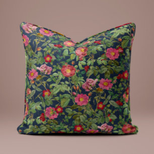 Vintage Pink Rose Pillow in Midnight Blue