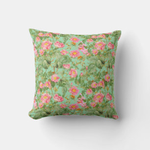 Vintage Pink Rose Pillow in Mint Aqua