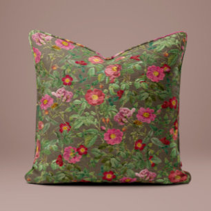 Vintage Pink Rose Pillow in Olive Taupe