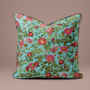 Vintage Pink Rose Pillow in Robin Egg Blue